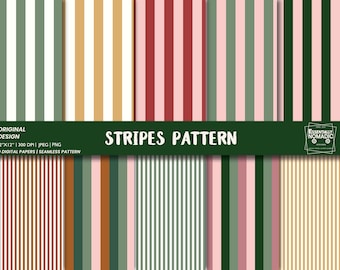 10 Stripes Digital Paper, Candy Stripe Seamless Pattern, Vintage Preppy Wide & Thin Striped Background