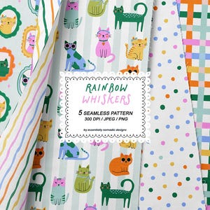 May include: A collection of digital paper designs featuring colorful cat illustrations in ornate frames, wavy rainbow stripes, cats on light blue stripes, multicolored polka dots, and a vibrant plaid pattern with the text RAINBOW WHISKERS 5 SEAMLESS PATTERN.