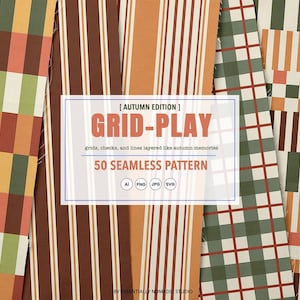 Op de afbeelding: Een verzameling naadloze patronen in herfstkleuren, met rasters, ruiten en strepen. De patronen bevatten tinten bruin, oranje, groen en wit. De afbeelding bevat de tekst "GRID-PLAY" en "50 SEAMLESS PATTERN".