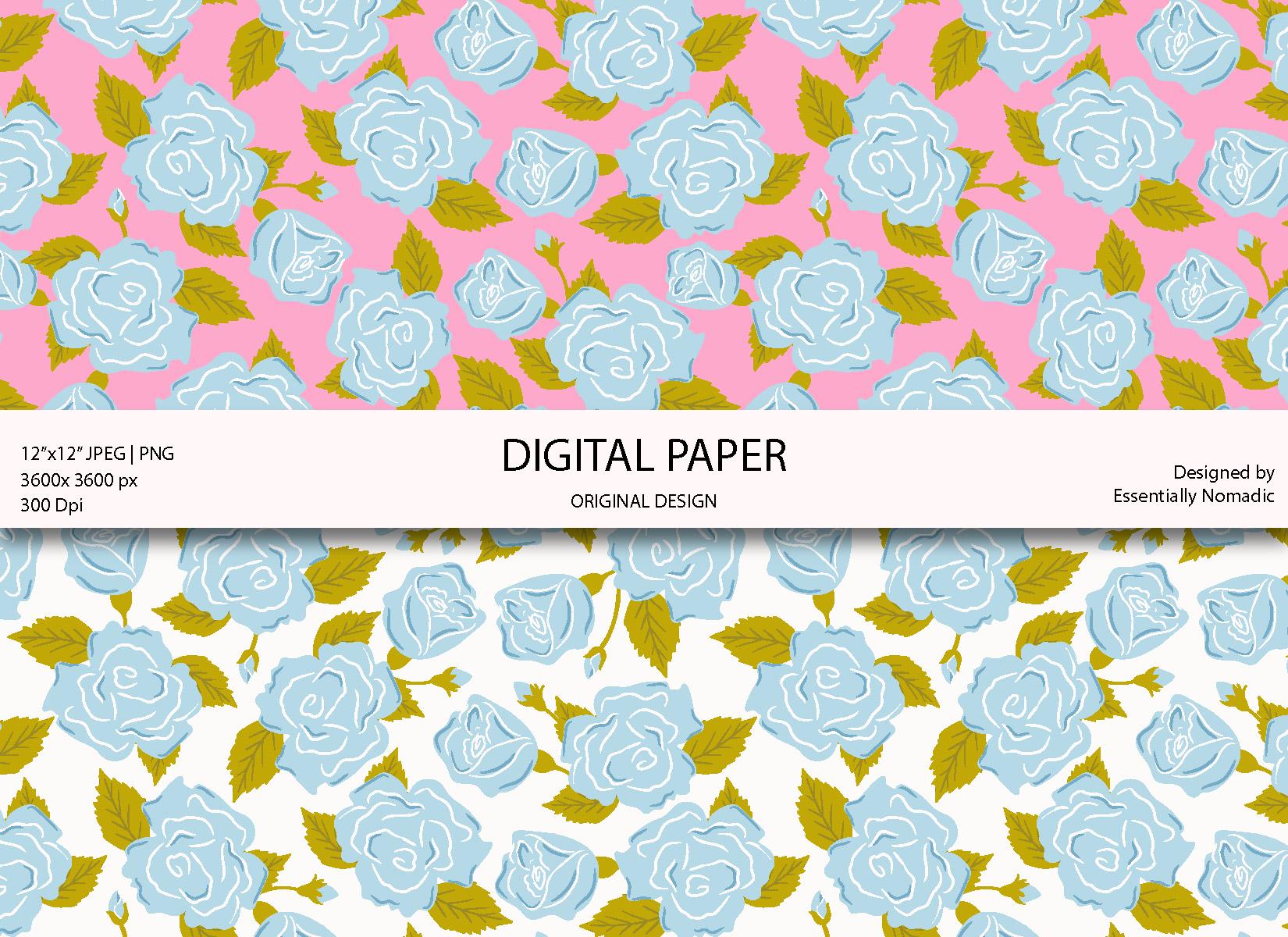 Blue & Pink Floral Seamless Pattern Set, Vintage Rose Digital Paper ...