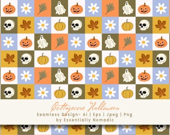 Checkered Halloween Seamless Pattern: Skull, Ghost, Pumpkin (Digital Download)
