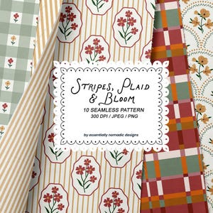 Cottagecore Floral Stripes & Plaid Digital Paper: Burgundy Sage Green White Seamless Pattern, Coquette Gingham Checkered Background Fabric