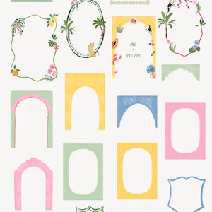 May include: A collection of colorful, hand-drawn digital illustrations featuring frames, arches, shields, and ribbons. The designs include tropical elements like palm trees, flamingos, and fruit, with the text "TROPICAL ESCAPE DIY CARD & INVITE KIT".