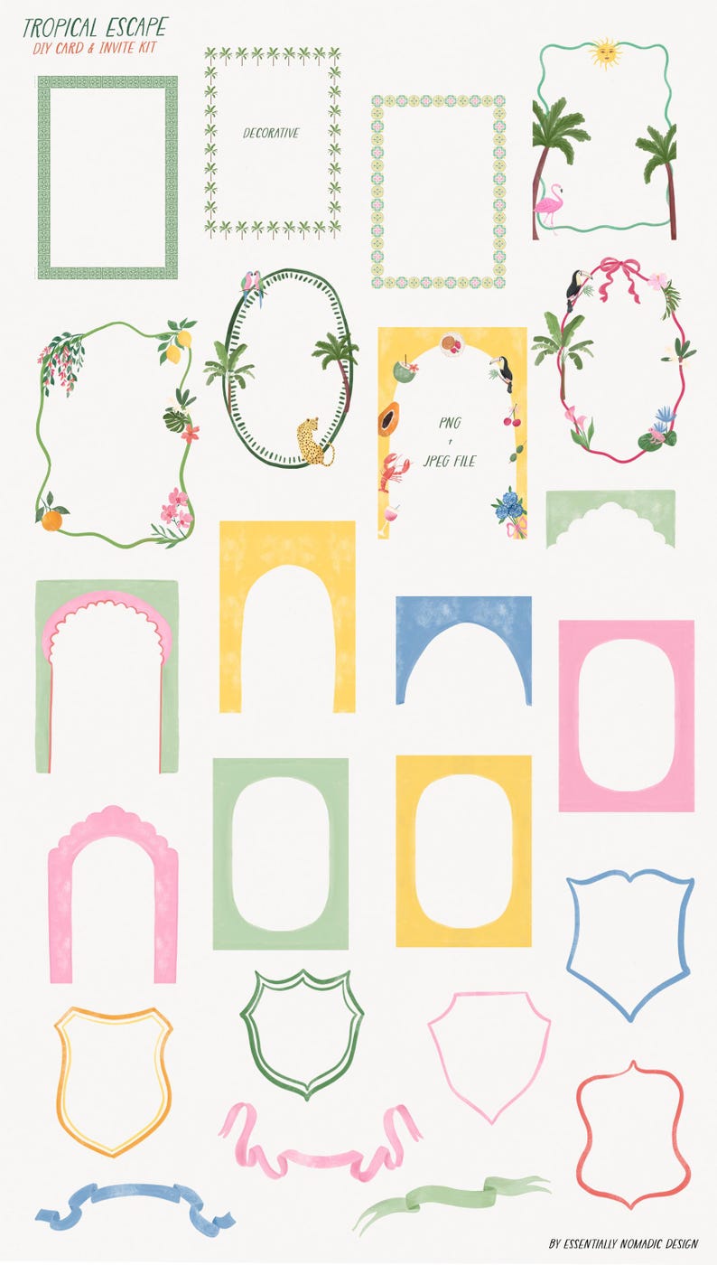 May include: A collection of colorful, hand-drawn digital illustrations featuring frames, arches, shields, and ribbons. The designs include tropical elements like palm trees, flamingos, and fruit, with the text "TROPICAL ESCAPE DIY CARD & INVITE KIT".