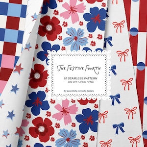 4th of July Seamless Pattern, Red White and Blue Digital Papers, Bows-Plaid-Stars-Stripes-Floral-Backgrounds, Patriotic Repeating Pattern