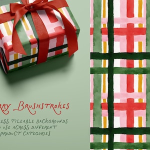 May include: A wrapped gift box with a red ribbon and a matching patterned wrapping paper. The wrapping paper has a watercolor design with red, pink, green, and yellow brushstrokes. The image also shows a seamless tileable background with the same pattern.
