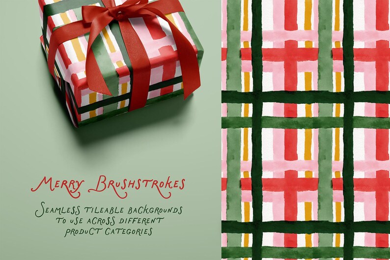 May include: A wrapped gift box with a red ribbon and a matching patterned wrapping paper. The wrapping paper has a watercolor design with red, pink, green, and yellow brushstrokes. The image also shows a seamless tileable background with the same pattern.