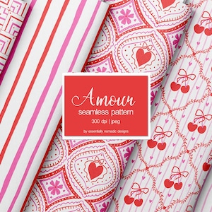 Coquette Valentine Seamless Pattern, Pink Red Hand-Drawn Love Digital Paper, Cherry Heart Stripes Pattern, Galentine Fabric Design