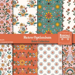 Papel digital sin costuras con estampados florales vintage y elegantes, papel digital retro de los años 70, patrón bohemio sin costuras, papel de diseño hippie con flores elegantes.