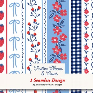 May include: A seamless design featuring vertical stripes with various patterns. These include red strawberries, blue bows, red flowers, and a blue gingham pattern. The text "Festive Bloom & Bows" is displayed.