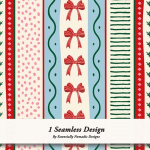 Può includere: Motivo senza cuciture con strisce verticali rosse, verdi e crema. Il design include fiocchi rossi, pois rosa, foglie di agrifoglio verdi con bacche rosse e linee ondulate verdi. Il testo "1 Seamless Design" è in basso.