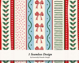 Red Blue Green Stripes Christmas Digital Paper, Holiday Print, Holly Leaves Bows Dots Seamless Pattern, Repeat for Fabric