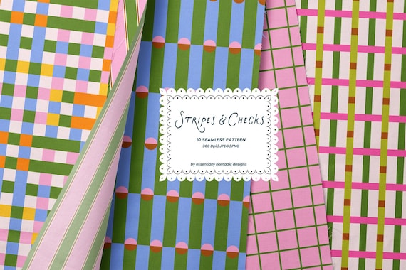 10 Colorful Stripes Digital Paper-Fabric print, Vibrant Checkered Seamless Pattern, Wide Stripe Background, Preppy Vintage Pattern Repeat