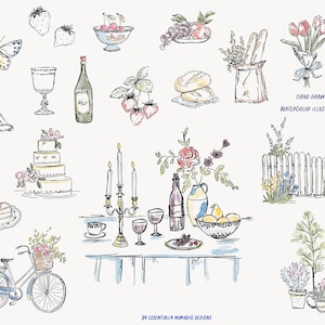 May include: Watercolor illustrations of various objects, including a butterfly, duck, cake, wine bottle, and bicycle. The image features a table setting with candles, flowers, and fruit. Text reads "HAND DRAWN WATERCOLOR ILLUSTRATIONS".