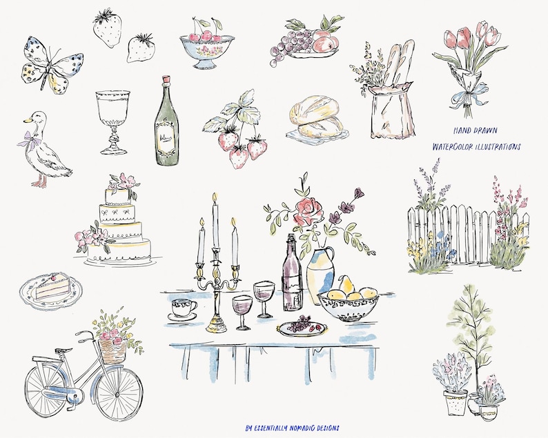 May include: Watercolor illustrations of various objects, including a butterfly, duck, cake, wine bottle, and bicycle. The image features a table setting with candles, flowers, and fruit. Text reads "HAND DRAWN WATERCOLOR ILLUSTRATIONS".