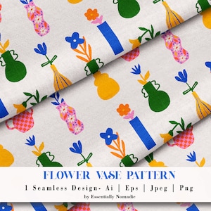 Jasne kwiaty bez szwu wzór, Kwiatowy wazon cyfrowy papier, Abstrakcyjny kwiat Wiosna Lato Powtarzalny cyfrowy wzór, Retro cyfrowy papier