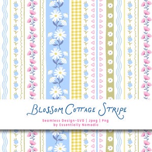 May include: A seamless pattern design featuring vertical stripes with floral and geometric elements. The design includes stripes of daisies, pink flowers, and triangles in pastel colors, with the text "Blossom Cottage Stripe".