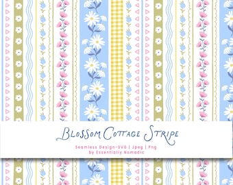 Spring Daisy Stripe Seamless Pattern, Soft Pastel Floral Cottagecore Digital Paper, Gingham & Flower  Fabric Design