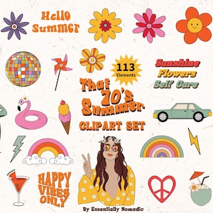 Retro Summer Clipart, Groovy Flower PNG Bundle, Vintage Boho Beach Graphics, Floral Clip Art, Cute Summer Icons, Digital Download