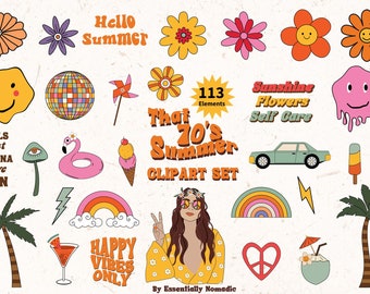 Retro Summer Clipart, Groovy Flower PNG Bundle, Vintage Boho Beach Graphics, Floral Clip Art, Cute Summer Icons, Digital Download