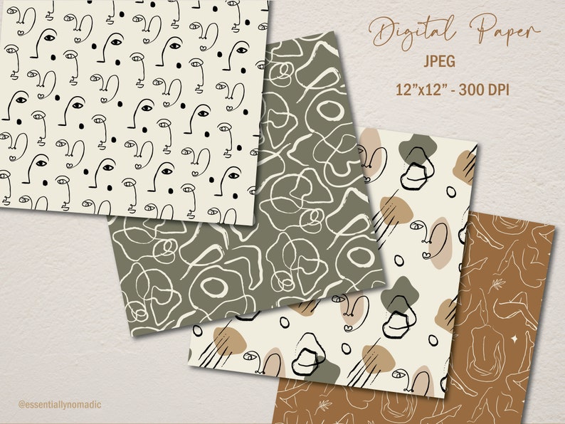 Modern Abstract Faces Pattern Pack, Minimal Line Art Seamless Prints ...