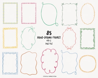 Watercolor Whimsical Frames Clipart PNG – 85 Hand-Drawn Wavy Squiggle Scallop Borders for Wedding Invitations, Bachelorette Party, Canva Png