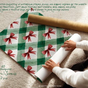May include: Christmas-themed wrapping paper with a green plaid design and red bow accents. A roll of paper is being unrolled, showing the pattern. The image includes text: "60 backgrounds, 5:7 ratio, seamless, A2 size."