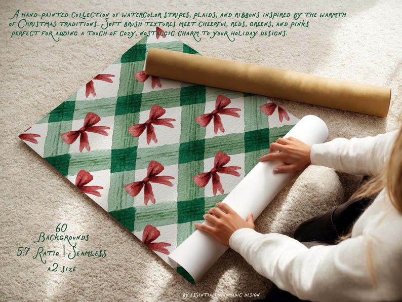 May include: Christmas-themed wrapping paper with a green plaid design and red bow accents. A roll of paper is being unrolled, showing the pattern. The image includes text: "60 backgrounds, 5:7 ratio, seamless, A2 size."