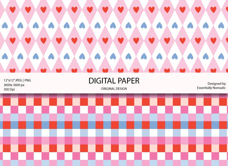 Pink Blue Valentine Seamless Patterns, Diamond Checks, Cherry, Heart ...