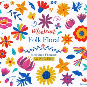 Mexikanische Fiesta Clipart PNG - Bunte Otomi-Blumen und helle Vögel, handgezeichnete Volkskunst-Elemente für Party und Hochzeitseinladungen - Dekor