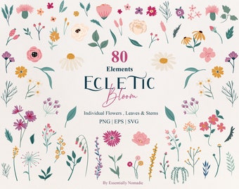May include: An assortment of 80 floral elements, including individual flowers, leaves, and stems, in various colors such as pink, yellow, and green. The text "ECLECTIC BLOOM" is displayed, along with file type information.