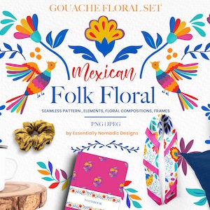 Mexican Floral Folk art Seamless Pattern,Flower Clipart Mexican Gouache Watercolor Floral Clipart Frames Wreath,Fiesta Otomi Bird Png file