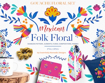 May include: A set of digital illustrations featuring Mexican folk floral designs. The illustrations include birds, flowers, and leaves in vibrant colors like red, yellow, blue, and green. The illustrations are perfect for creating patterns, backgrounds, and other creative projects.
