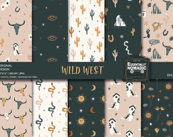 Digitaal papier van het wilde westen, naadloos boho-westernpatroon, cactus zonneoog cowboyhoed, herhalende achtergrondafdrukken op stof
