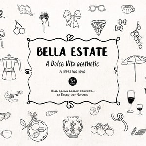 Grillige lijntekeningen icon set, vakantie eten drinken clipart, handgetekende swirl frame, eigenzinnige Italiaanse stijl, huwelijksuitnodiging, canva bewerkbaar