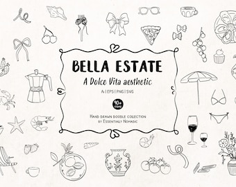 Italian Food & Drink Clipart, Hand Drawn Summer Doodle Illustrations, Whimsical Wedding Icons, Invitation and Menu Design Elements