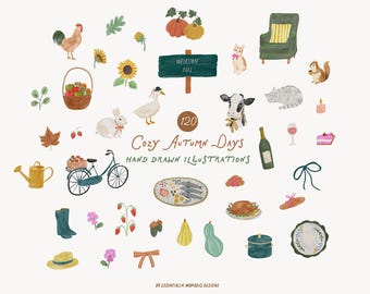 May include: A collection of hand-drawn illustrations with a cozy autumn theme. The image includes a rooster, pumpkins, a sign that says "Welcome Fall", a cat, a squirrel, a bicycle, and the text "Cozy Autumn Days".
