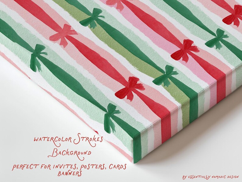 May include: A watercolour background design with diagonal stripes in red, pink, and green, decorated with bow accents. The text reads "Watercolor Strokes Background" and "Perfect for invites, posters, cards, banners."
