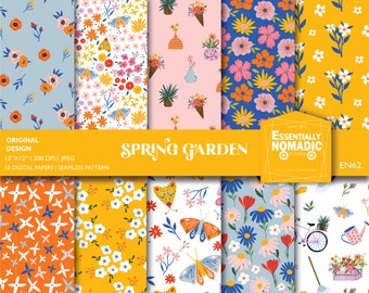 Peut inclure: Un ensemble de 10 papiers numériques présentant une variété de motifs sur le thème du jardin printanier. Les motifs comprennent des papillons, des fleurs et des plantes dans une variété de couleurs, notamment le jaune, l'orange, le bleu, le rose et le vert. Les papiers mesurent 30,5 cm sur 30,5 cm et ont une résolution de 300 DPI. Les papiers sont sans couture et peuvent être utilisés pour une variété de projets, tels que le scrapbooking, la fabrication de cartes et la conception numérique.