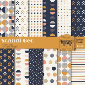 Skandinavisches Digital Paper Pack, Geometrisches Musterdesign, bedruckbares Papier, Punkte und Streifen Stoff Druck, Scrapbook Papier, Nordisches Muster