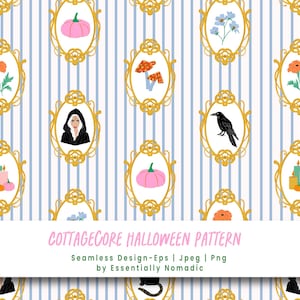 Motif fantaisiste sans couture d'Halloween - Style cottage avec fleurs, portraits de chat noir et de sorcière gothique, motif rayé effrayant pour le tissu