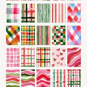 May include: A selection of 60 watercolour backgrounds in a 5:7 ratio, showcasing diverse patterns. The designs include stripes, plaid, and wavy lines in red, green, pink, and yellow hues. The text "MERRY BRUSHSTROKES" is at the top.