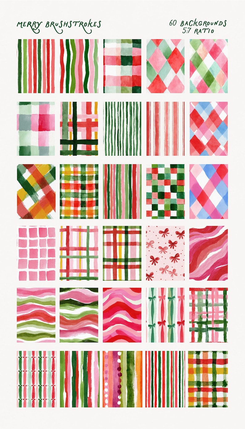 May include: A selection of 60 watercolour backgrounds in a 5:7 ratio, showcasing diverse patterns. The designs include stripes, plaid, and wavy lines in red, green, pink, and yellow hues. The text "MERRY BRUSHSTROKES" is at the top.