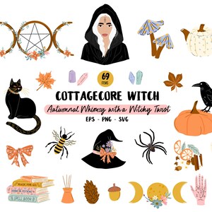 Ensemble de clipart sorcière Cottagecore, Illustrations d'Halloween lunatiques mignonnes dessinées à la main - art autocollant chat noir, citrouille rose, sorcellerie