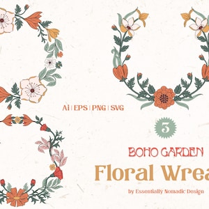 Boho Floral Wreath Clipart, Retro Wreath, Groovy Floral Frame PNG Clipart Logo Invitation Design, Art Nouveau Flower border png sublimation