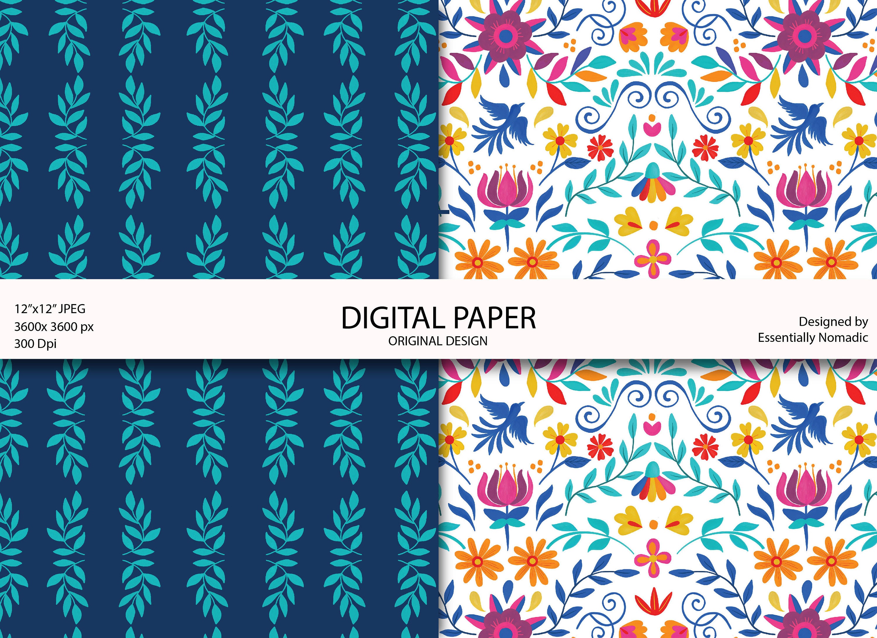 Fiesta Folk Floral Seamless Pattern Set, Colorful Mexican Digital Paper ...