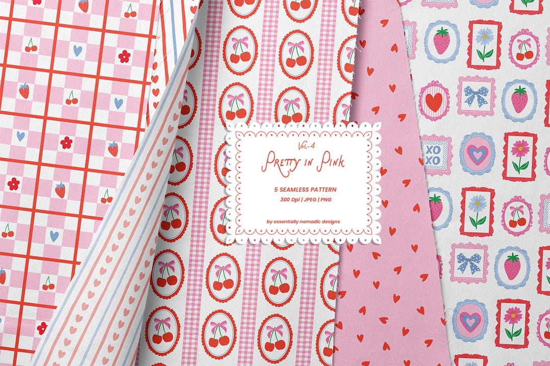 Valentine Seamless Pattern Set, Red Pink Hearts, Cherry Cameo Frames ...