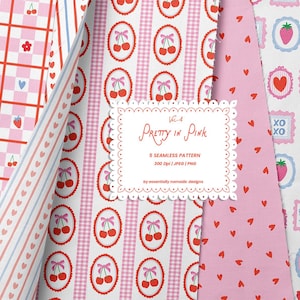 May include: A collection of pink seamless patterns with various designs, including cherries, hearts, strawberries, and floral frames. The patterns are in a variety of styles, such as gingham, stripes, and scattered hearts. The text "Pretty in Pink" is displayed on a white scalloped frame.