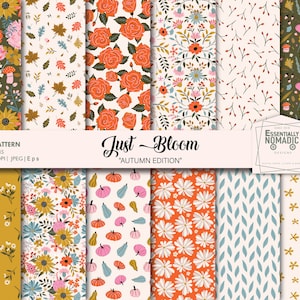 Papier numérique fleurs, thème automne, feuilles d'automne colorées, citrouille, motif sans couture, créations en papier, fond d'automne, tissu à motifs répétés