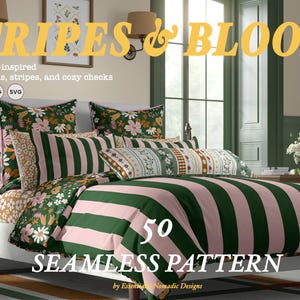 May include: A bed dressed with a duvet cover and pillows showcasing floral, stripe, and check patterns. The duvet cover has broad green and pink stripes. The pillows and duvet feature the text "STRIPES & BLOOMS" and "50 SEAMLESS PATTERN".